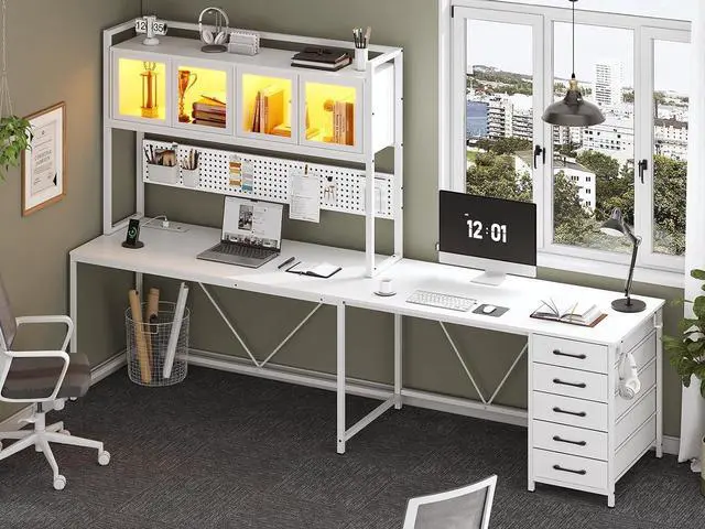 Alt view image 7 of 7 - L Shaped Gaming Desk with Drawers, L Shaped Computer Desk with Hutch and Storage Shelves, Gaming Desk with Pegboard, Led Lights, and Power Outlet, Home Office Desk, Corner Desk, White