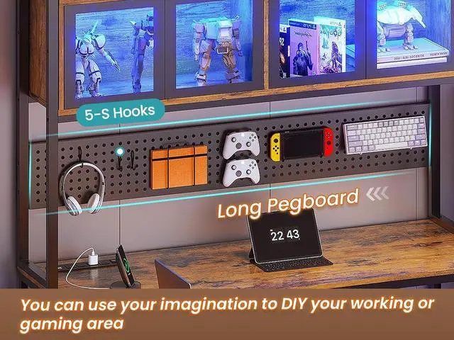 Alt view image 4 of 7 - L Shaped Gaming Desk with Drawers, L Shaped Computer Desk with Hutch and Storage Shelves, Gaming Desk with Pegboard, Led Lights, and Power Outlet, Home Office Desk, Corner Desk, Rustic Brown