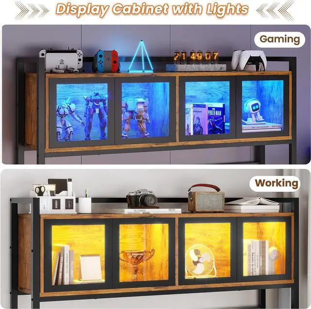 Alt view image 5 of 7 - L Shaped Gaming Desk with Drawers, L Shaped Computer Desk with Hutch and Storage Shelves, Gaming Desk with Pegboard, Led Lights, and Power Outlet, Home Office Desk, Corner Desk, Rustic Brown