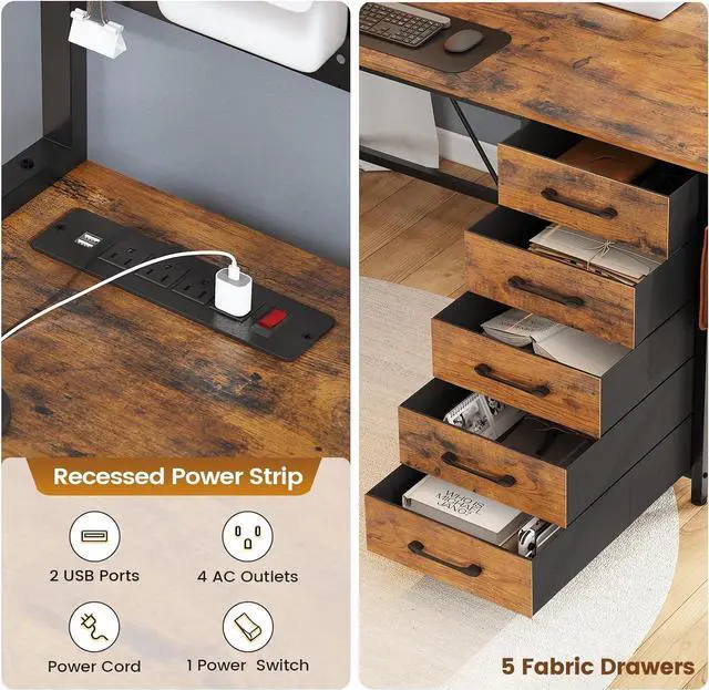 Alt view image 6 of 7 - L Shaped Gaming Desk with Drawers, L Shaped Computer Desk with Hutch and Storage Shelves, Gaming Desk with Pegboard, Led Lights, and Power Outlet, Home Office Desk, Corner Desk, Rustic Brown