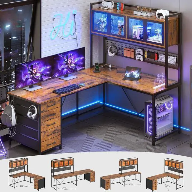 Alt view image 2 of 7 - L Shaped Gaming Desk with Drawers, L Shaped Computer Desk with Hutch and Storage Shelves, Gaming Desk with Pegboard, Led Lights, and Power Outlet, Home Office Desk, Corner Desk, Rustic Brown