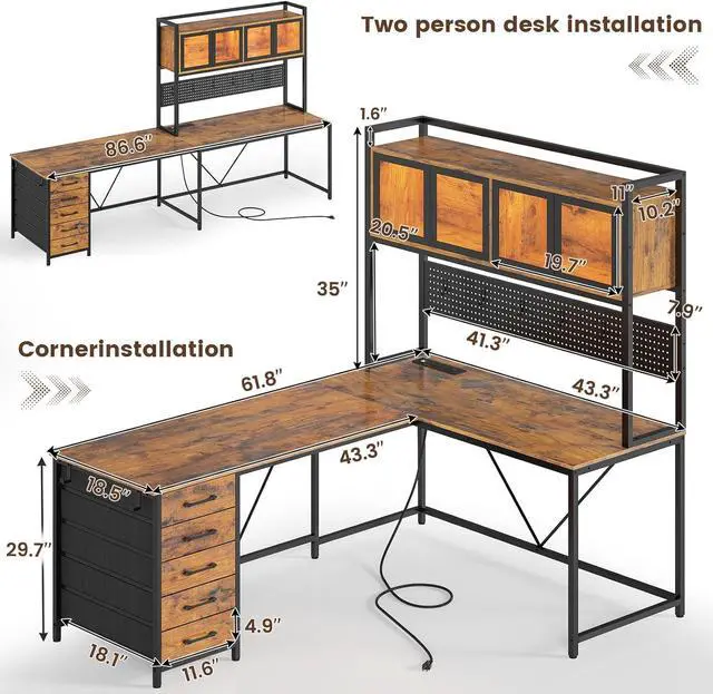 Alt view image 3 of 7 - L Shaped Gaming Desk with Drawers, L Shaped Computer Desk with Hutch and Storage Shelves, Gaming Desk with Pegboard, Led Lights, and Power Outlet, Home Office Desk, Corner Desk, Rustic Brown