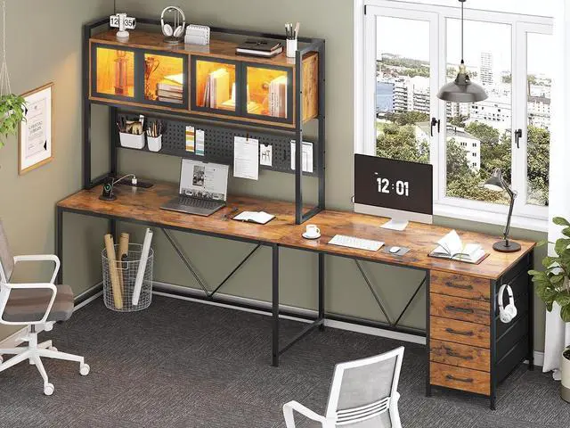 Alt view image 7 of 7 - L Shaped Gaming Desk with Drawers, L Shaped Computer Desk with Hutch and Storage Shelves, Gaming Desk with Pegboard, Led Lights, and Power Outlet, Home Office Desk, Corner Desk, Rustic Brown