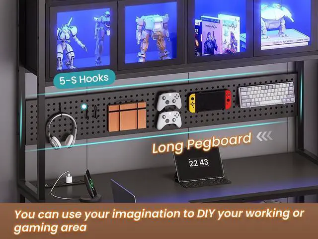 Alt view image 5 of 7 - L Shaped Gaming Desk with Drawers, L Shaped Computer Desk with Hutch and Storage Shelves, Gaming Desk with Pegboard, Led Lights, and Power Outlet, Home Office Desk, Corner Desk, Black