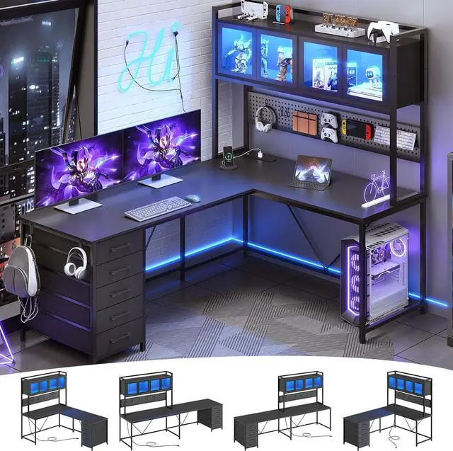 Alt view image 2 of 7 - L Shaped Gaming Desk with Drawers, L Shaped Computer Desk with Hutch and Storage Shelves, Gaming Desk with Pegboard, Led Lights, and Power Outlet, Home Office Desk, Corner Desk, Black