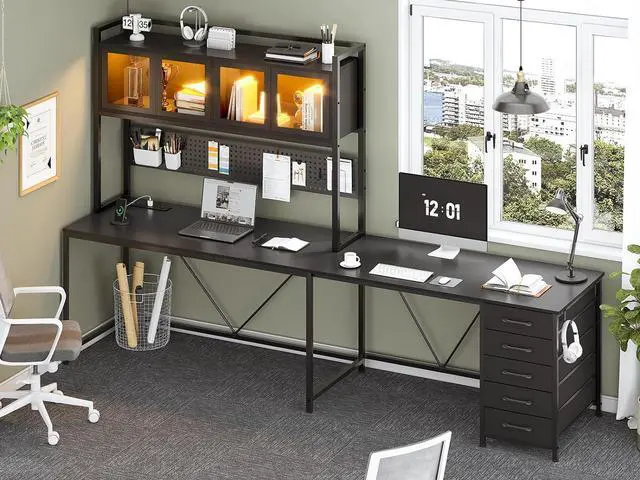 Alt view image 7 of 7 - L Shaped Gaming Desk with Drawers, L Shaped Computer Desk with Hutch and Storage Shelves, Gaming Desk with Pegboard, Led Lights, and Power Outlet, Home Office Desk, Corner Desk, Black