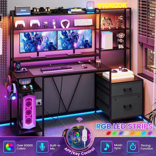 Alt view image 4 of 7 - 65" Gaming Desk with Hutch, 65in Reversible Computer Desk with Power Outlets LED Light, Home Office Desk with Monitor Stand 2 Drawers 4 Storage Shelves Pegboard 8 Hooks Mouse Pad (Black)