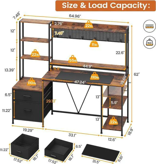 Alt view image 2 of 7 - 65" Gaming Desk with Hutch, 65in Reversible Computer Desk with Power Outlets LED Light, Home Office Desk with Monitor Stand 2 Drawers 4 Storage Shelves Pegboard 8 Hooks Mouse Pad (Rustic Brown)