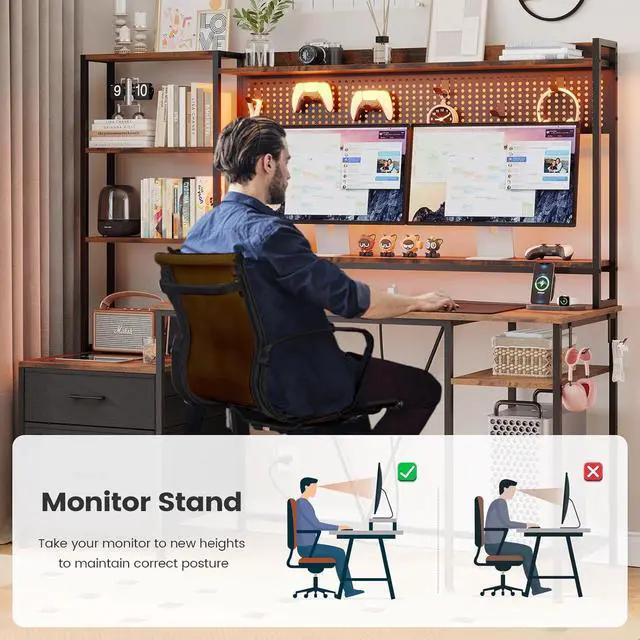 Alt view image 5 of 7 - 65" Gaming Desk with Hutch, 65in Reversible Computer Desk with Power Outlets LED Light, Home Office Desk with Monitor Stand 2 Drawers 4 Storage Shelves Pegboard 8 Hooks Mouse Pad (Rustic Brown)