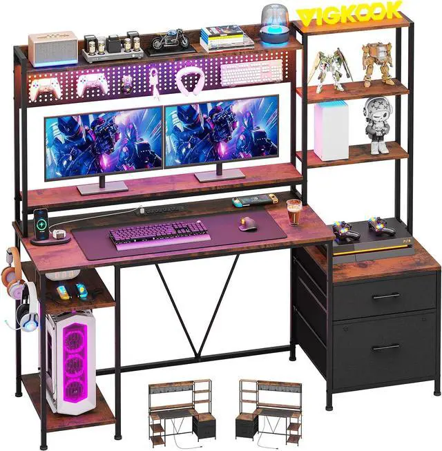 Main image of 65" Gaming Desk with Hutch, 65in Reversible Computer Desk with Power Outlets LED Light, Home Office Desk with Monitor Stand 2 Drawers 4 Storage Shelves Pegboard 8 Hooks Mouse Pad (Rustic Brown)
