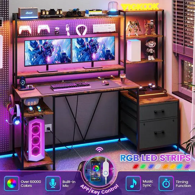 Alt view image 4 of 7 - 65" Gaming Desk with Hutch, 65in Reversible Computer Desk with Power Outlets LED Light, Home Office Desk with Monitor Stand 2 Drawers 4 Storage Shelves Pegboard 8 Hooks Mouse Pad (Rustic Brown)