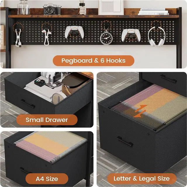 Alt view image 6 of 7 - 65" Gaming Desk with Hutch, 65in Reversible Computer Desk with Power Outlets LED Light, Home Office Desk with Monitor Stand 2 Drawers 4 Storage Shelves Pegboard 8 Hooks Mouse Pad (Rustic Brown)