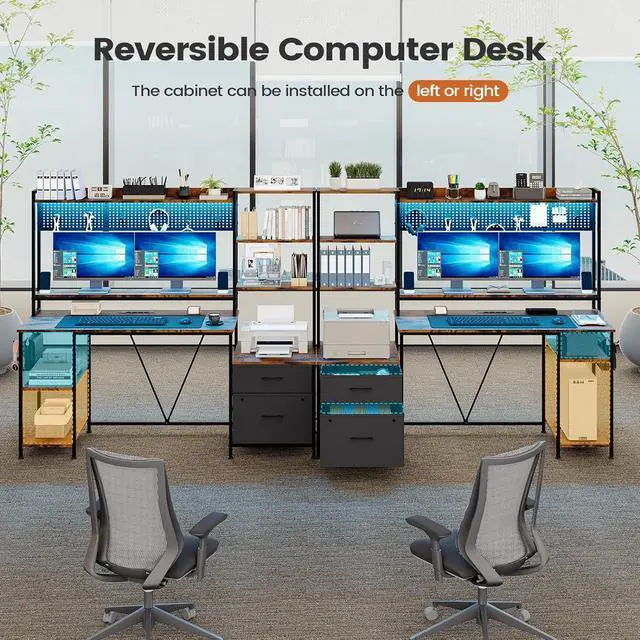 Alt view image 7 of 7 - 65" Gaming Desk with Hutch, 65in Reversible Computer Desk with Power Outlets LED Light, Home Office Desk with Monitor Stand 2 Drawers 4 Storage Shelves Pegboard 8 Hooks Mouse Pad (Rustic Brown)