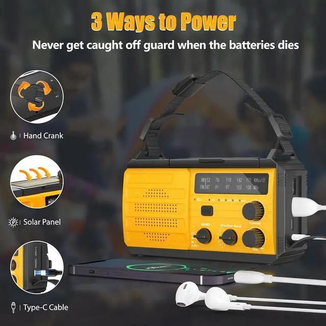 Alt view image 5 of 7 - 8000mAh Emergency Weather Radio - Emergency Crank Radio with 3-Mode Flashlight, Solar Charging, Hand Crank, Battery Operated and SOS Alarm for Emergency, Camping, Storm