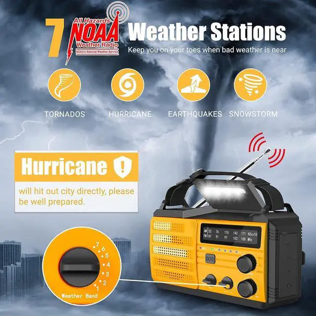 Alt view image 3 of 7 - 8000mAh Emergency Weather Radio - Emergency Crank Radio with 3-Mode Flashlight, Solar Charging, Hand Crank, Battery Operated and SOS Alarm for Emergency, Camping, Storm