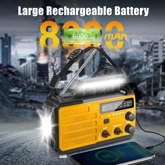 Alt view image 2 of 7 - 8000mAh Emergency Weather Radio - Emergency Crank Radio with 3-Mode Flashlight, Solar Charging, Hand Crank, Battery Operated and SOS Alarm for Emergency, Camping, Storm