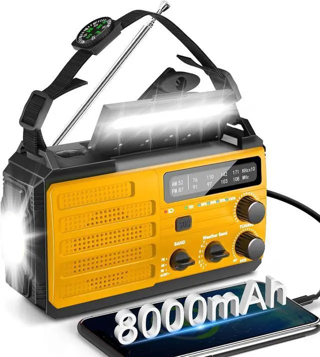 Main image of 8000mAh Emergency Weather Radio - Emergency Crank Radio with 3-Mode Flashlight, Solar Charging, Hand Crank, Battery Operated and SOS Alarm for Emergency, Camping, Storm