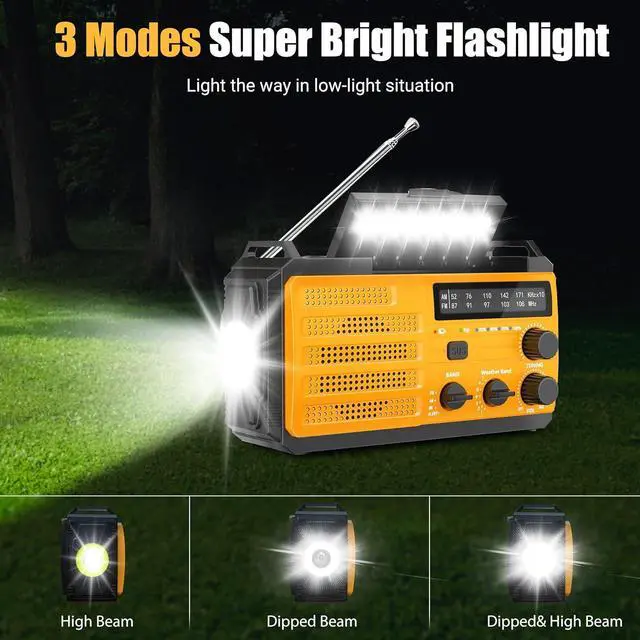 Alt view image 4 of 7 - 8000mAh Emergency Weather Radio - Emergency Crank Radio with 3-Mode Flashlight, Solar Charging, Hand Crank, Battery Operated and SOS Alarm for Emergency, Camping, Storm