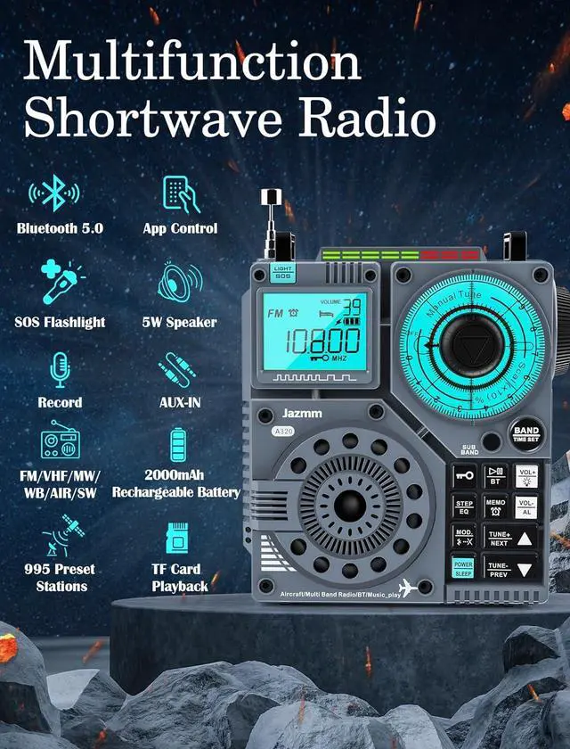Alt view image 2 of 7 - Portable Shortwave Radio with 5W Bass Sound, AIR/AM/FM/VHF/SW/WB Worldband Radio with Bluetooth and APP Control, 2000mAh Rechargeable Radio with 9.85 Ft Wire Antenna,Flashlight,Recording