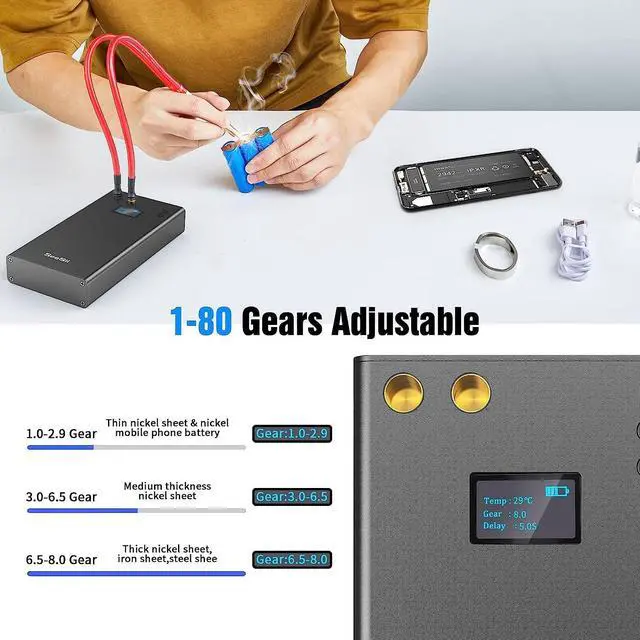 Alt view image 3 of 7 - Portable Spot Welder with LCD Screen, Seesii 80 Gears Adjustable Mini DIY Battery Spot Welder for Battery Plate Welding, Built-in 7500ma-h Battery, Nickel Strip & USB Charging Cable