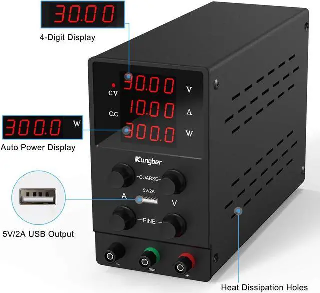 Alt view image 3 of 6 - DC Power Supply Variable, 30V 10A Adjustable Switching Regulated DC Bench Power Supply with High Precision 4-Digits LED Display, 5V/2A USB Interface, Coarse and Fine Adjustments (Black)