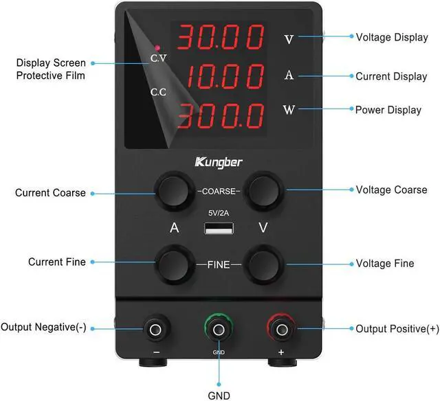 Alt view image 2 of 6 - DC Power Supply Variable, 30V 10A Adjustable Switching Regulated DC Bench Power Supply with High Precision 4-Digits LED Display, 5V/2A USB Interface, Coarse and Fine Adjustments (Black)