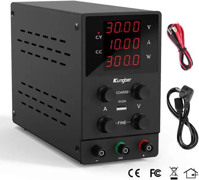 Alt view image 6 of 6 - DC Power Supply Variable, 30V 10A Adjustable Switching Regulated DC Bench Power Supply with High Precision 4-Digits LED Display, 5V/2A USB Interface, Coarse and Fine Adjustments (Black)