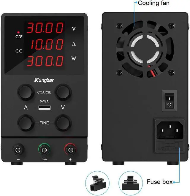 Alt view image 4 of 6 - DC Power Supply Variable, 30V 10A Adjustable Switching Regulated DC Bench Power Supply with High Precision 4-Digits LED Display, 5V/2A USB Interface, Coarse and Fine Adjustments (Black)
