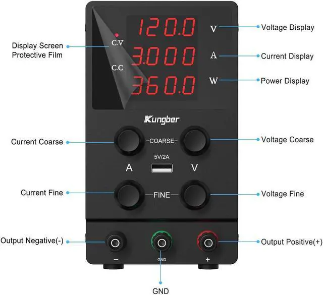 Alt view image 2 of 6 - DC Power Supply Variable, 120V 3A Adjustable Switching Regulated DC Bench Power Supply with High Precision 4-Digits LED Display, 5V/2A USB Interface, Coarse and Fine Adjustments (Black)