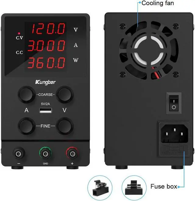 Alt view image 4 of 6 - DC Power Supply Variable, 120V 3A Adjustable Switching Regulated DC Bench Power Supply with High Precision 4-Digits LED Display, 5V/2A USB Interface, Coarse and Fine Adjustments (Black)