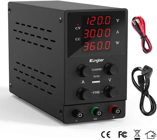 Alt view image 6 of 6 - DC Power Supply Variable, 120V 3A Adjustable Switching Regulated DC Bench Power Supply with High Precision 4-Digits LED Display, 5V/2A USB Interface, Coarse and Fine Adjustments (Black)