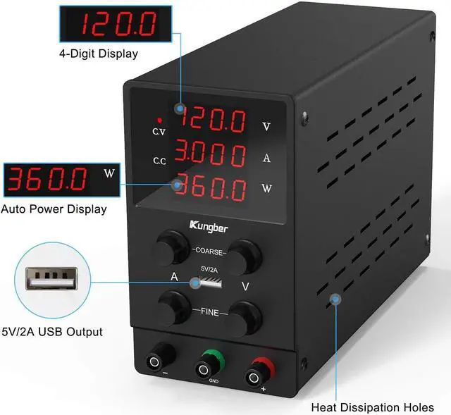 Alt view image 3 of 6 - DC Power Supply Variable, 120V 3A Adjustable Switching Regulated DC Bench Power Supply with High Precision 4-Digits LED Display, 5V/2A USB Interface, Coarse and Fine Adjustments (Black)