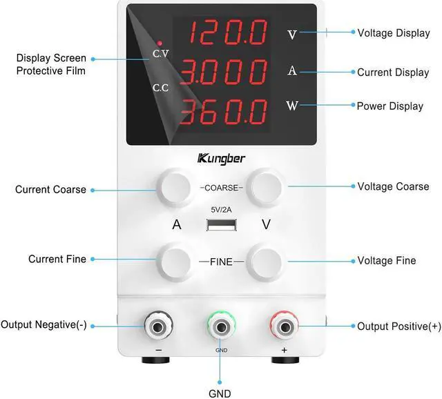 Alt view image 2 of 6 - DC Power Supply Variable, 120V 3A Adjustable Switching Regulated DC Bench Power Supply with High Precision 4-Digits LED Display, 5V/2A USB Interface, Coarse and Fine Adjustments (White)