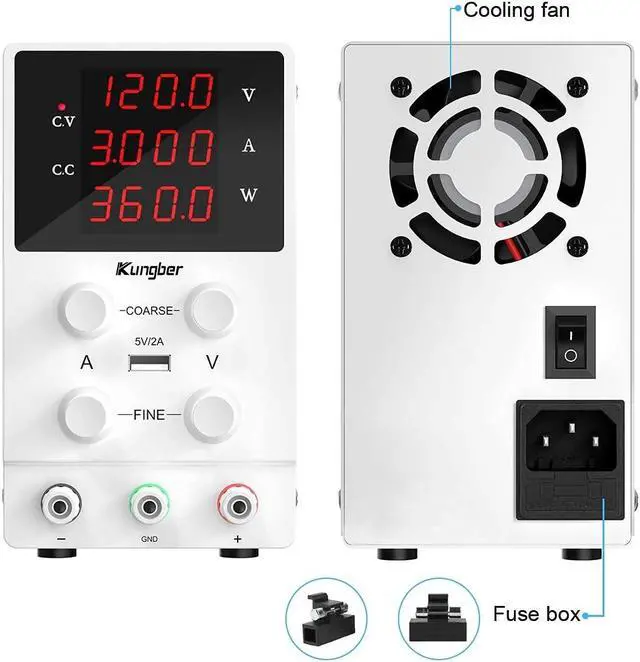 Alt view image 4 of 6 - DC Power Supply Variable, 120V 3A Adjustable Switching Regulated DC Bench Power Supply with High Precision 4-Digits LED Display, 5V/2A USB Interface, Coarse and Fine Adjustments (White)