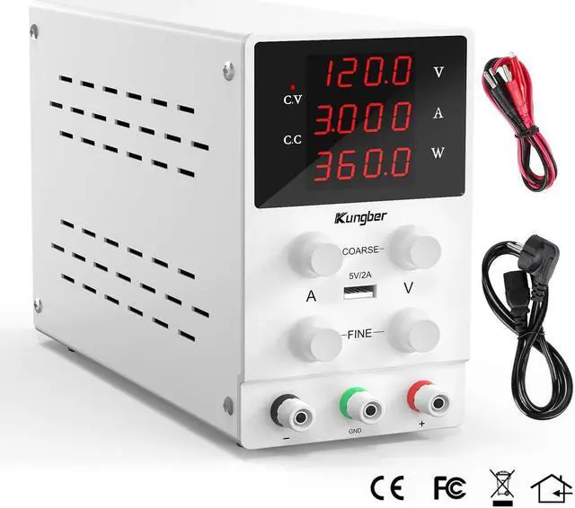 Alt view image 6 of 6 - DC Power Supply Variable, 120V 3A Adjustable Switching Regulated DC Bench Power Supply with High Precision 4-Digits LED Display, 5V/2A USB Interface, Coarse and Fine Adjustments (White)