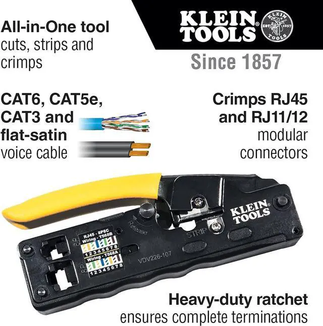 Alt view image 2 of 5 - Klein Tools VDV226-107 Compact Ratcheting Modular Data Cable Crimper / Wire Stripper / Wire Cutter, CAT6, CAT5, CAT3, Flat-Satin Voice Cable