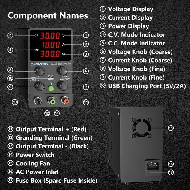 Alt view image 3 of 6 - DC Power Supply Variable, 0-30V 0-10A Adjustable Switching DC Regulated Bench Power Supply with High Precision 4-Digit LED Display, 5V/2A USB Port, Coarse and Fine Adjustment
