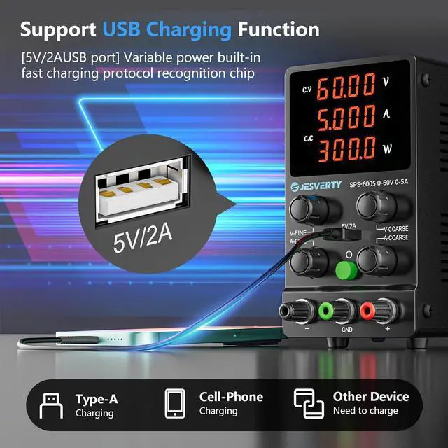 Alt view image 3 of 6 - DC Power Supply Variable, 0-60V 0-5A Adjustable Switching DC Regulated Bench Power Supply with High Precision 4-Digit LED Display, 5V/2A USB Port, Coarse and Fine Adjustment