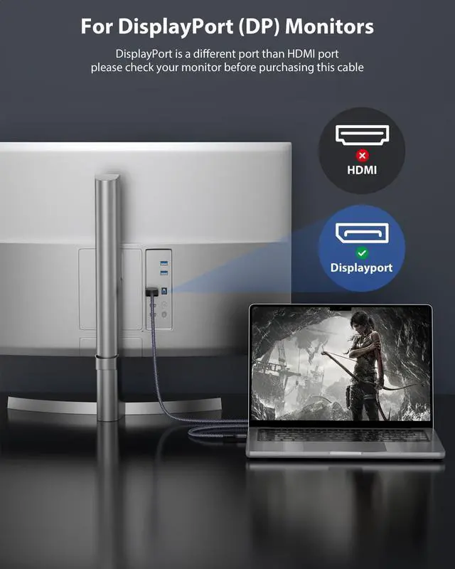 Alt view image 4 of 7 - Upgraded USB C to DisplayPort 1.4 8K Cable with Latches 6.6FT, Thunderbolt 4/3 /USB4 to DP Support 8K 60Hz / 4K 144Hz 32.4Gbps HBR3 Alt Mode Adapter for Mac Studio, MacBook Pro, XPS Grey