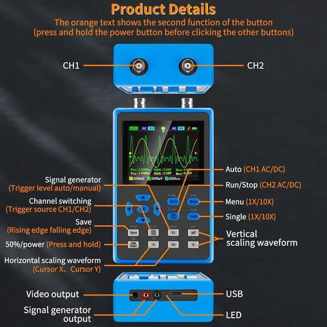 Alt view image 2 of 7 - LCD Handheld Digital Oscilloscope Kit - 2 Channel 2.8"TFT Mini Automotive Oscilloscope Bandwidth 120Mhz Digital Oscilloscopes Portable 500MS/s Sampling Rate, Vertical Sensitivity 10mV/div~10V/div