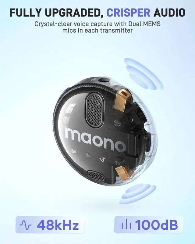 Alt view image 3 of 7 - MAONO Wireless Lavalier Microphone for iPhone 15 & Android, USB C Wireless Lapel Mic with Noise Reduction, Real-time Monitor, Mic Gain, for TikTok, Youtube, Vlogging, Live Streaming & Interview