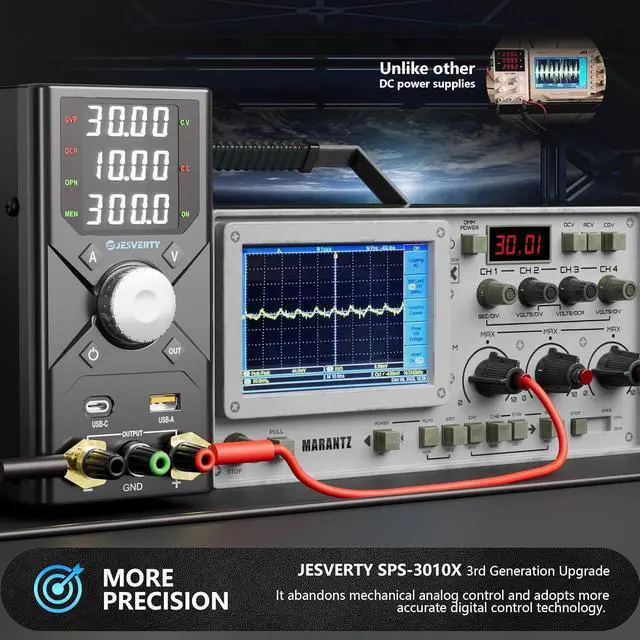 Alt view image 4 of 6 - DC Power Supply Variable, 0-30V 0-10A Adjustable Switching DC Regulated Bench Power Supply with USB & Type-C Quick-Charge, Encoder Knob, 4-Digit LED Display, Preset Memory - SPS-3010X