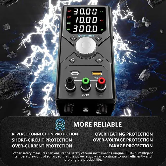 Alt view image 3 of 6 - DC Power Supply Variable, 0-30V 0-10A Adjustable Switching DC Regulated Bench Power Supply with USB & Type-C Quick-Charge, Encoder Knob, 4-Digit LED Display, Preset Memory - SPS-3010X
