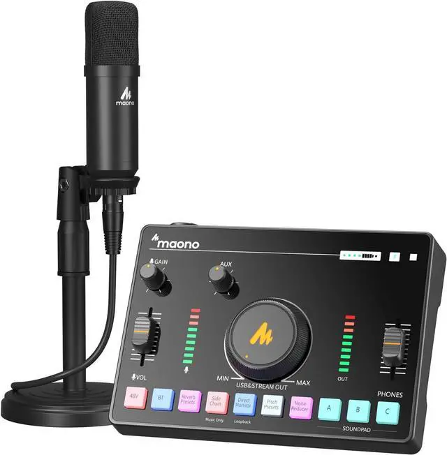 Main image of MAONO Streaming Audio Mixer, Audio Interface and XLR Condenser Microphone with Pro-preamp, Bluetooth, Built-in Battery, 48V Phantom Power for Live Streaming, Podcast Recording MaonoCaster AMC2A NEO