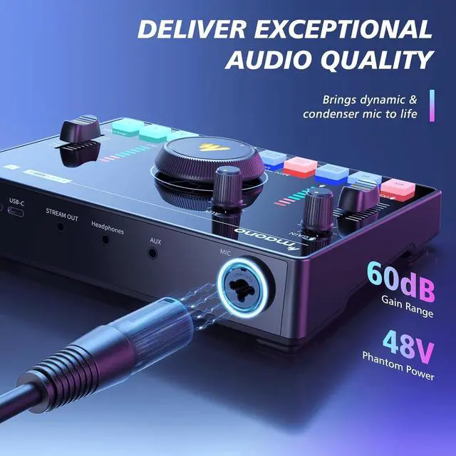 Alt view image 3 of 7 - MAONO Streaming Audio Mixer, Audio Interface and XLR Condenser Microphone with Pro-preamp, Bluetooth, Built-in Battery, 48V Phantom Power for Live Streaming, Podcast Recording MaonoCaster AMC2A NEO