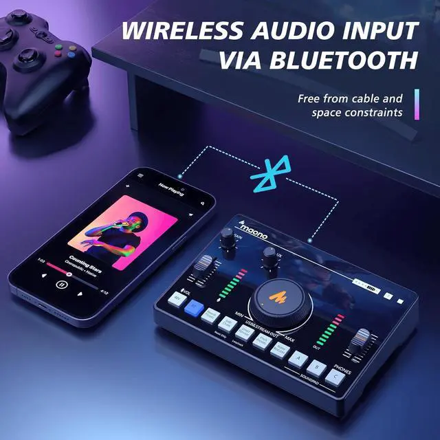 Alt view image 4 of 7 - MAONO Streaming Audio Mixer, Audio Interface and XLR Condenser Microphone with Pro-preamp, Bluetooth, Built-in Battery, 48V Phantom Power for Live Streaming, Podcast Recording MaonoCaster AMC2A NEO