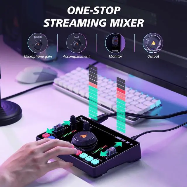 Alt view image 6 of 7 - MAONO Streaming Audio Mixer, Audio Interface and XLR Condenser Microphone with Pro-preamp, Bluetooth, Built-in Battery, 48V Phantom Power for Live Streaming, Podcast Recording MaonoCaster AMC2A NEO