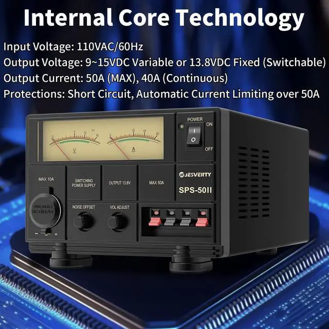 Alt view image 4 of 5 - Universal Compact Bench Power Supply- 50 Amp Regulated Home Lab Benchtop AC-to-DC Converter 13.8 Volt/9-15Volt, Cooling Fan, Screw Type Terminals - Jesverty SPS-50II