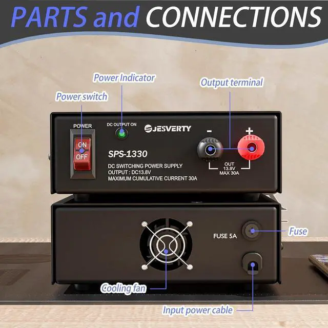 Alt view image 3 of 7 - Universal Compact Bench Power Supply - 30 Amp Regulated Home Lab Benchtop AC-to-DC Converter for CB/HAM/Amateur Radio with 13.8V Fixed OutputScrew-Type Terminals, Cooling Fan - SPS-1330