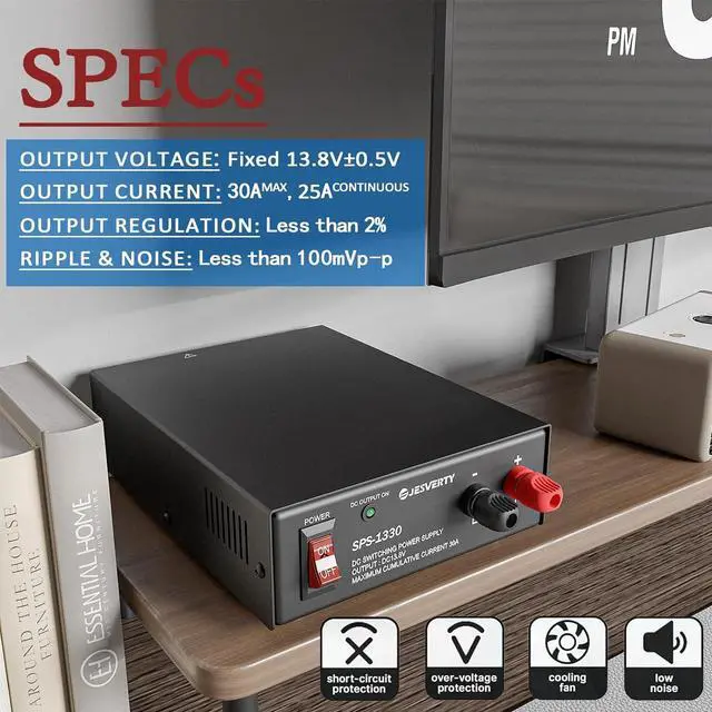 Alt view image 2 of 7 - Universal Compact Bench Power Supply - 30 Amp Regulated Home Lab Benchtop AC-to-DC Converter for CB/HAM/Amateur Radio with 13.8V Fixed OutputScrew-Type Terminals, Cooling Fan - SPS-1330